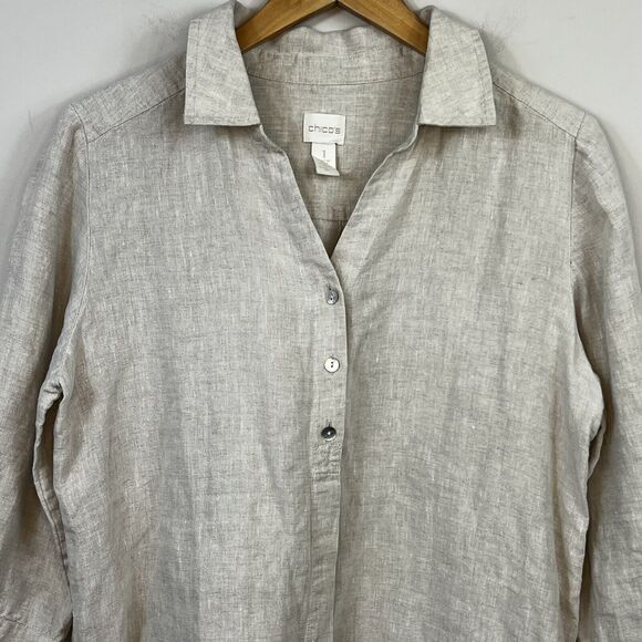 Chico's Beige Tan 100% Linen Button-Up Tunic Shirt Shirt - Picture 2 of 10